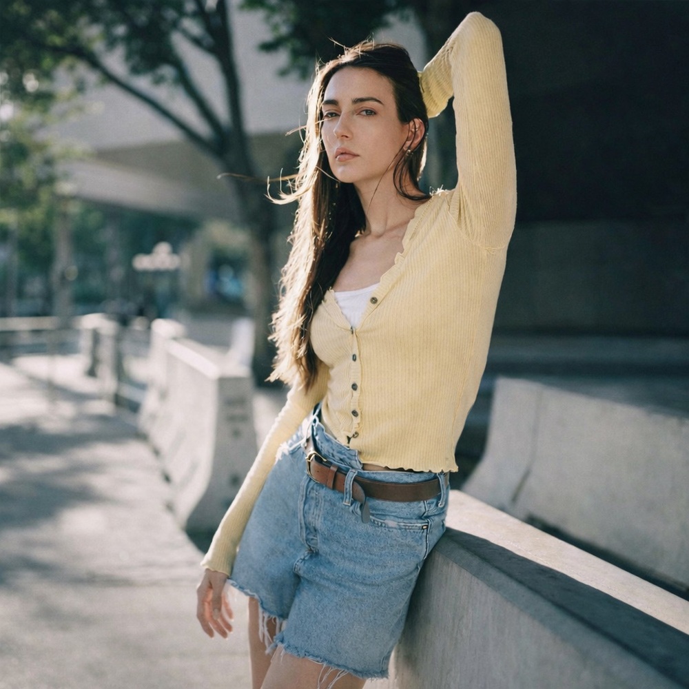 Cream Ribbed Cropped Cardigan Button Front Ruffle Trim Lightweight Knit Top